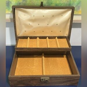 Jewelry Box Mid Century Brown Wood Gold Velvet Lining 2 Tier MCM Vintage 50s 60s